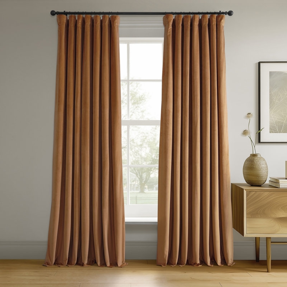 Olivia signature Orange Velvet Blackout Curtains | Thermal Lined